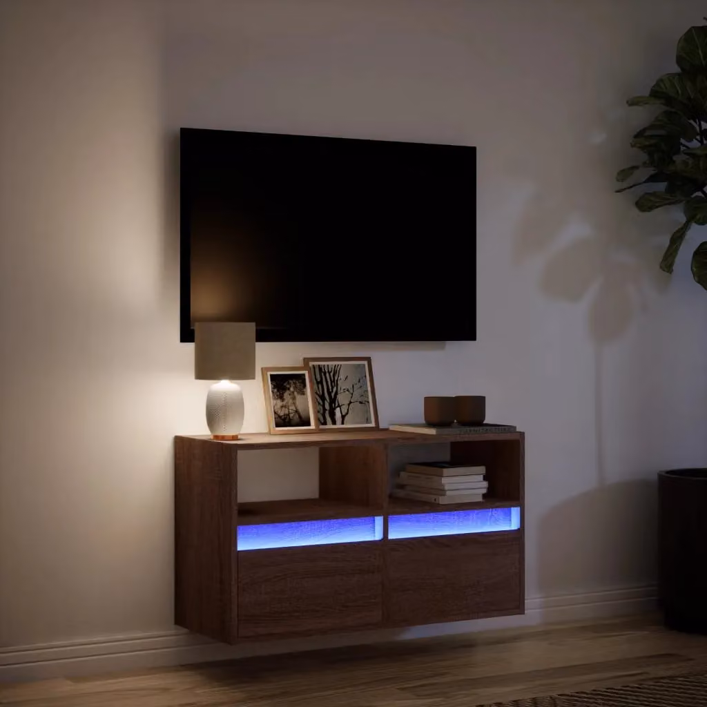 Berkfield Home Modern Wall Mounted TV Cabinet with LED Lights in Brown Oak, W/D/H: 80 x 31 x 45 cm – 5