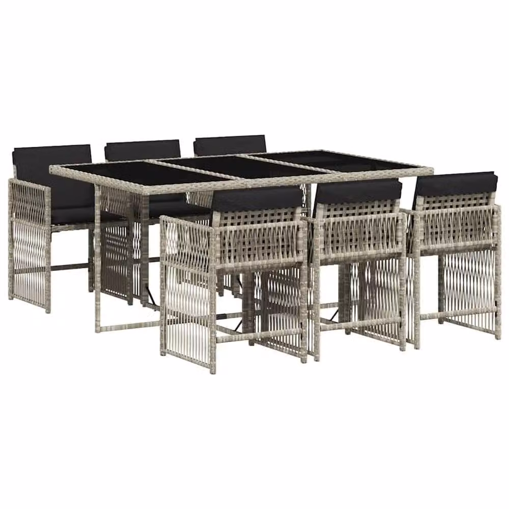 Berkfield Home 7 Piece Grey Poly Rattan Garden Dining Set with Cushions and Glass Top – 2