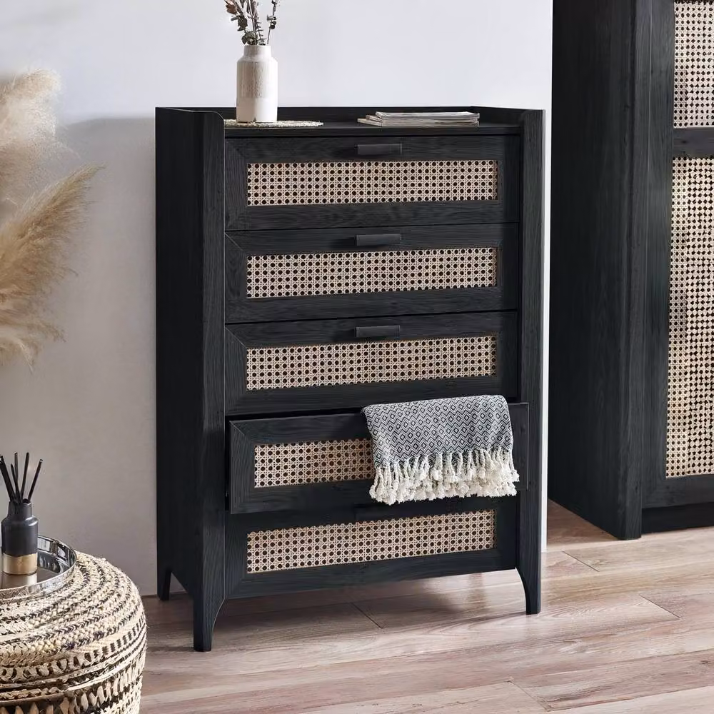 Cheshire Premium Pacifica 5 Drawer Chest in Black with Rattan Detail – 3