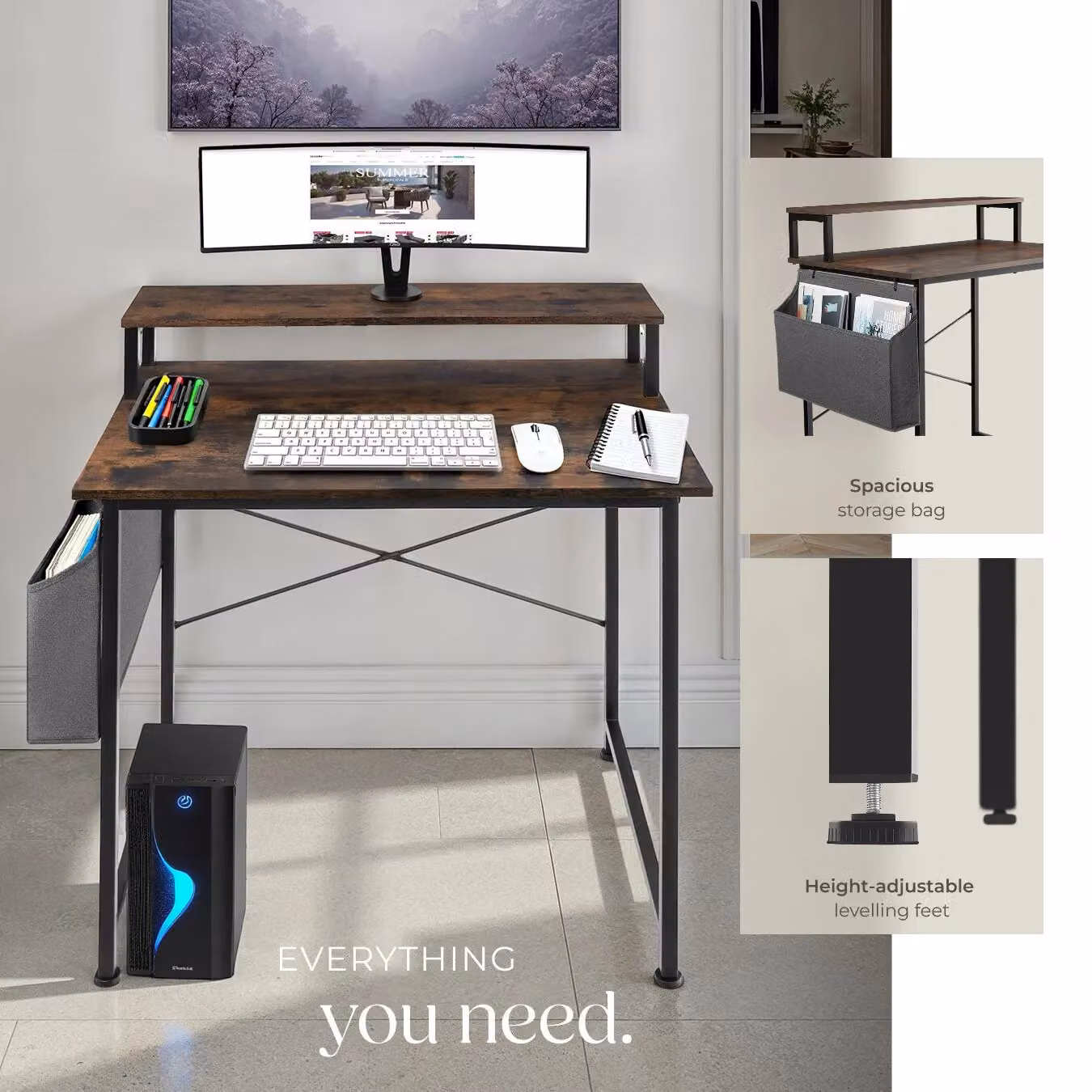 tectake Computer Desk with Shelving and Fabric Storage Bag in Brown and Black – 4