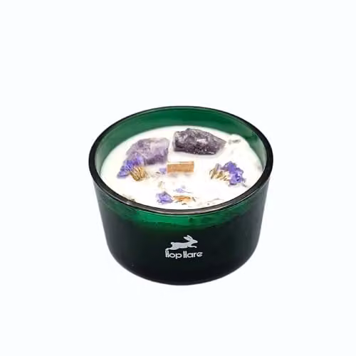 Ancient Wisdom Hop Hare The Moon Magic Candle with Flowers and Gems in Purple, Handmade Soy Wax, 9 x 5 cm – 2