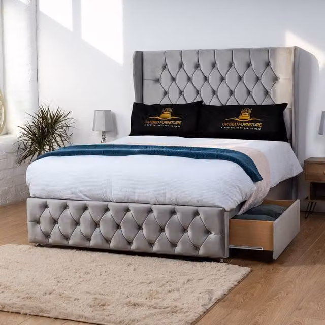 Luxor Living Luxor Wingback Divan Bed with 54 Inch Headboard and 2 Foot End Drawers in Grey Velvet, Size: 140 x 200 cm