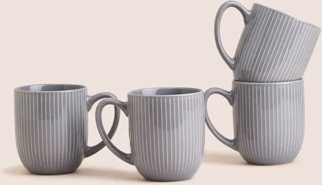 M&S Set of 4 Grey Textured Striped Ceramic and Bone China Mugs
