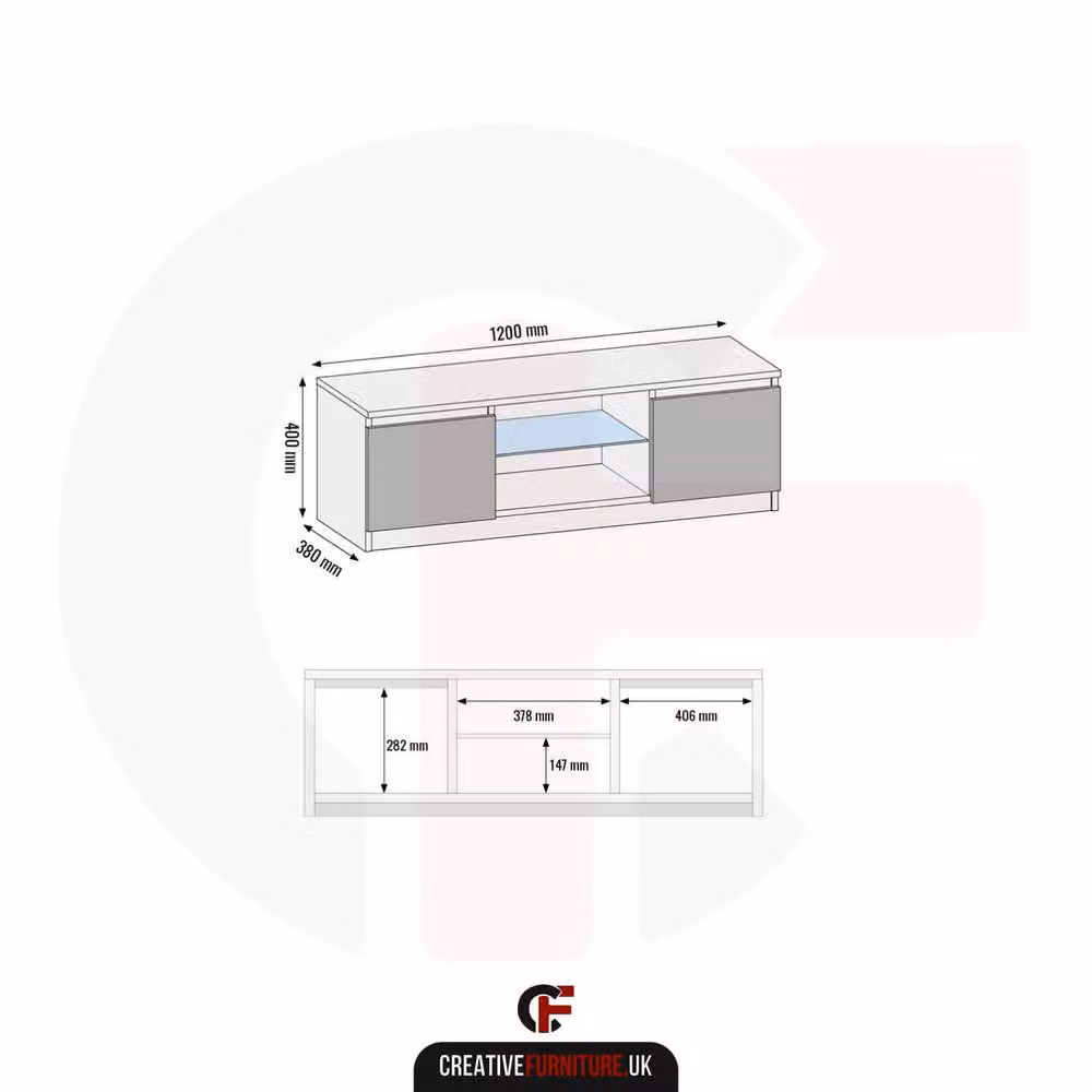 Creative Furniture Aura TV Unit, White with Glossy MDF and Glass Doors, W: 120 cm, D: 40 cm, H: 38 cm – 4