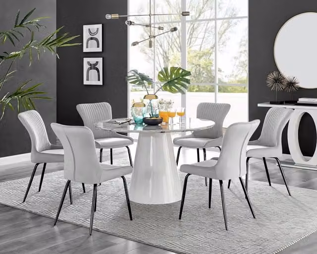 Furniturebox Palma White Marble Effect Round Dining Table and 6 Nora Black Leg Chairs in Light Grey