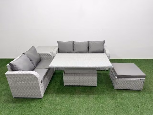 Fimous 6 Seater Grey PE Rattan Wicker Garden Furniture Set with Adjustable Lifting Dining or Coffee Table, 3 Seater Sofa and Love Seat