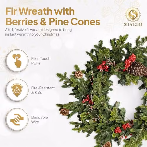SHATCHI Artificial Fir Christmas Wreath in Green and Red with Real Touch Pine Needles, Berries and Pine Cones, Diameter: 80 cm – 3