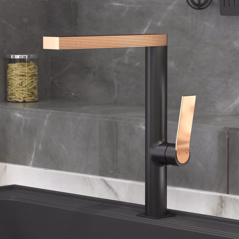Royal Bathrooms Aura Modern High Rise Mono Basin Mixer Tap in Matt Black and Gold