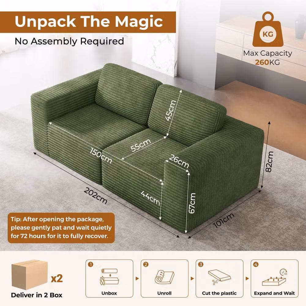 Dprodo Green Corduroy Modular L-Shape Sofa with Matching Ottoman and Removable Covers, W: 202 cm, D: 82 cm, H: 82 cm – 2