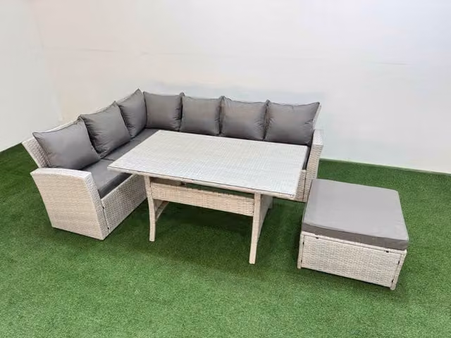 Fimous 7 Seater Rattan Garden Furniture Set with Rectangular Glass Dining Table and Big Footstool in Light Grey
