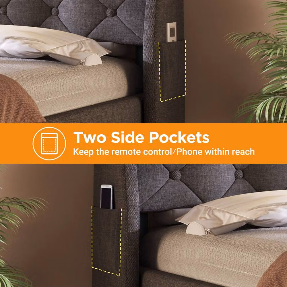 Rolipo Grey Linen Hydraulic Storage Double Bed with LED Lighting and USB Charging Port, W/D/H: 140 x 200 x 135 cm – 5