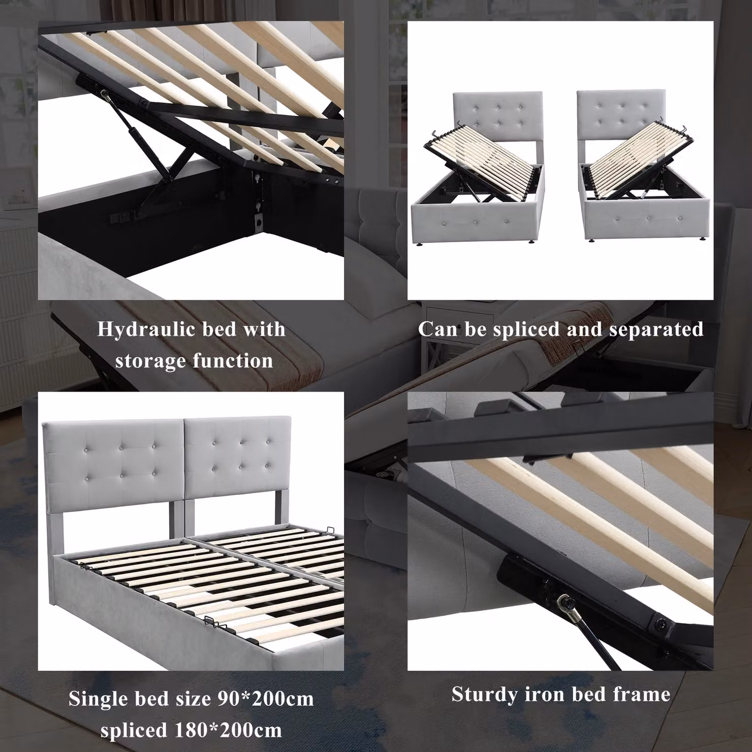 Matteo Grey Upholstered Hydraulic Double Bed with Velvet Fabric and Lift Up Base, W/D/H: 180 x 190 cm – 5