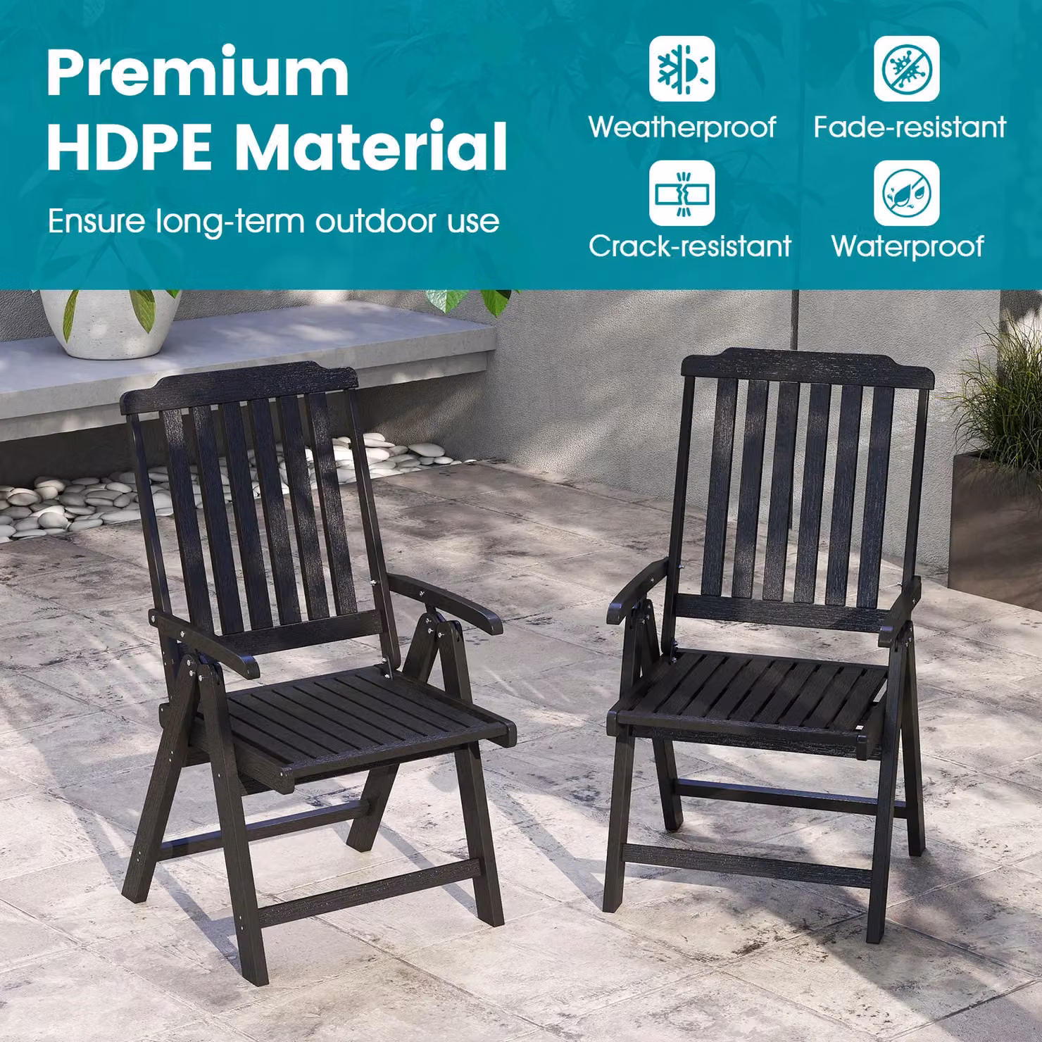 Gymax Folding All-Weather HDPE Outdoor Dining Chair with Armrests in Black – 6