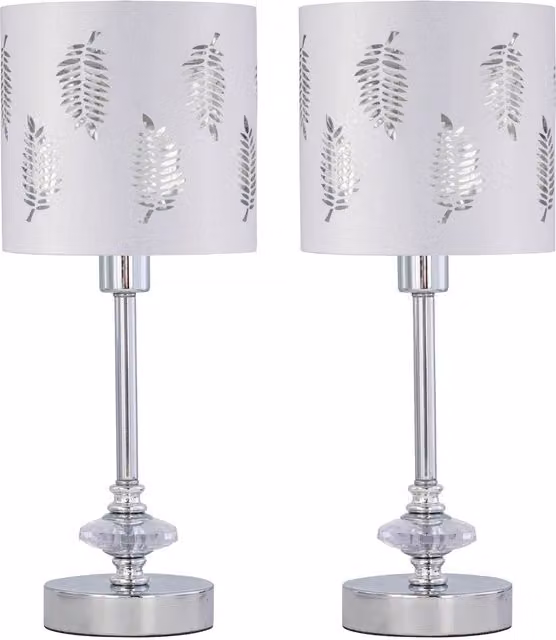 First Choice Lighting Set of 2 Chrome Jewelled Table Lamps with White Fern Fabric Shades in Silver