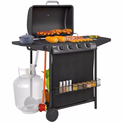 Outsunny 4+1 Burner Propane Gas BBQ Grill with Built-in Thermometer, Side Burner, Warming Rack and Wheels, Black