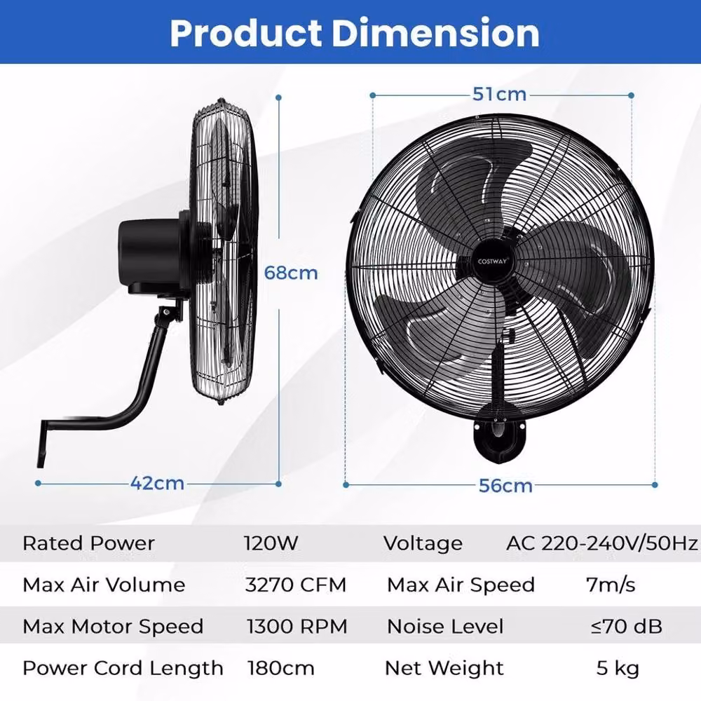 Costway 20 Inch Heavy Duty Metal Wall Mount Fan with 3 Speeds and Oscillation, Black – 2