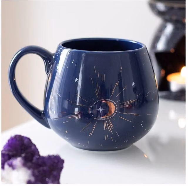 KDMK Geometric Crescent Moon Rounded Mug with Metallic Gold Accents in Blue