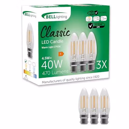 BELL Lighting B22 Dimmable LED Filament Candle Bulbs, Warm White, Pack of 3