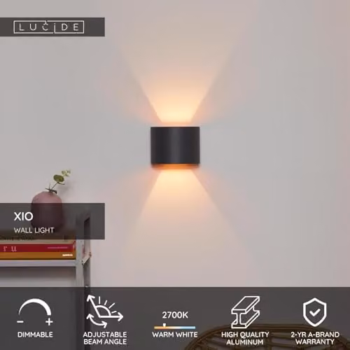 Lucide XIO Dimmable Up and Down LED Wall Light in Grey with Adjustable Beam Angle and Warm White Light – 2