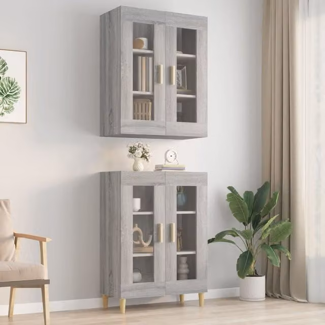 Berkfield Home Grey Sonoma Hanging Wall Cabinet with Glass Doors, W/D/H: 69.5 x 34 x 90 cm – 1