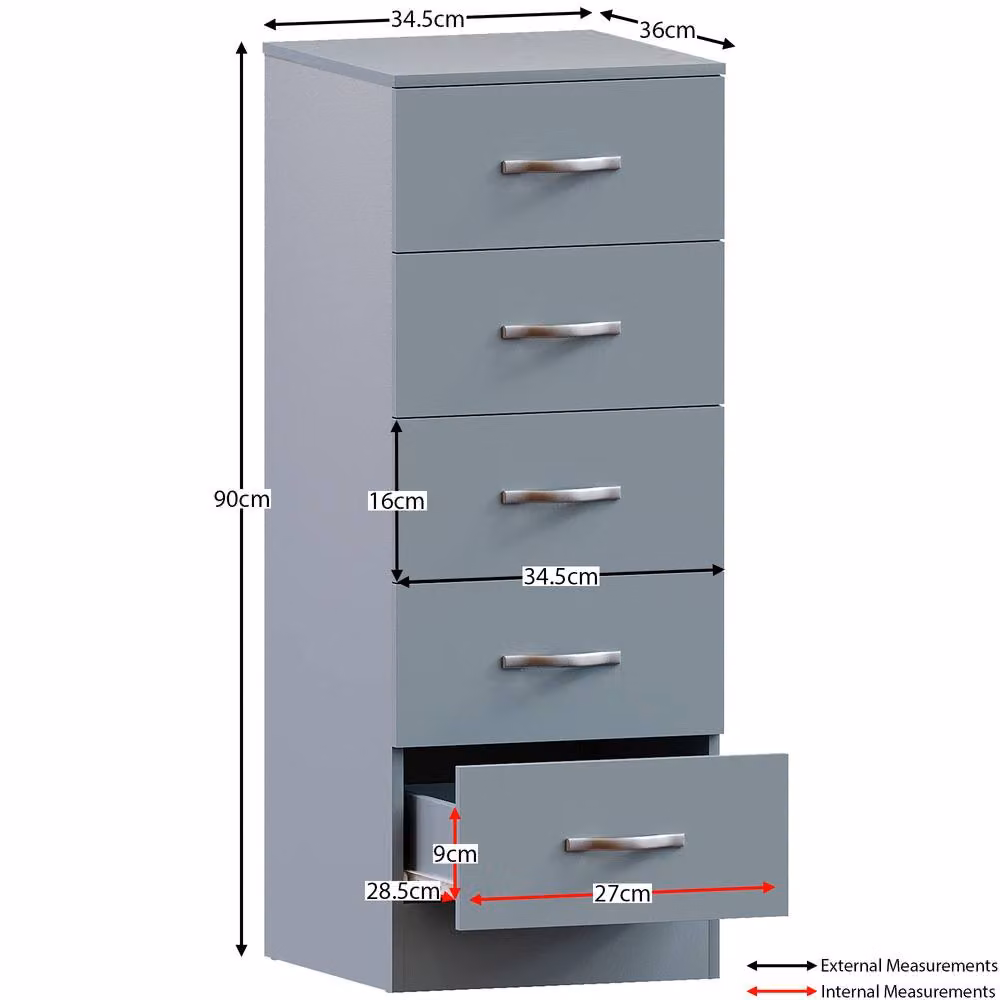 HD Designs Riano 5 Drawer Narrow Freestanding Storage Chest in Matt Grey – 2