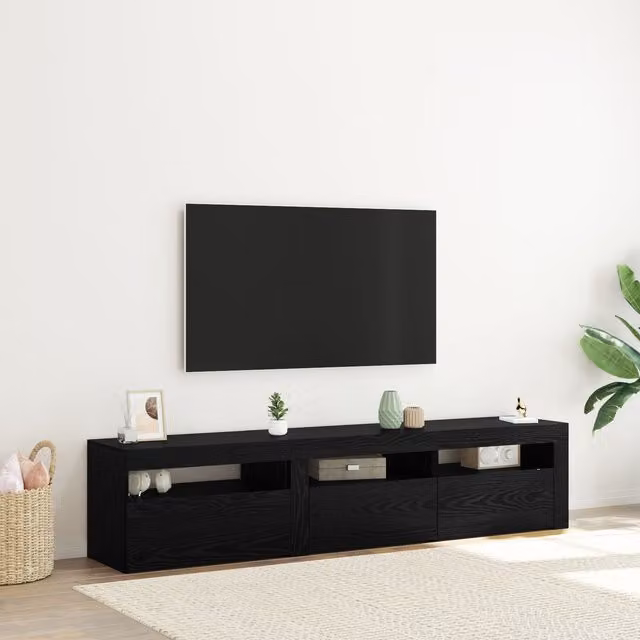 Berkfield Home Set of 2 Modern Black Oak TV Cabinets with Integrated LED Lighting and Sliding Doors – 1