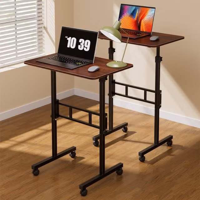 Livingandhome Height Adjustable Mobile Computer Desk with Castors, Black Walnut