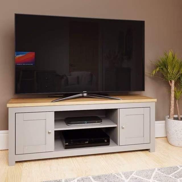 Timber Art Design UK Modern Matt Light Grey 2 Door TV Unit with Oak Details