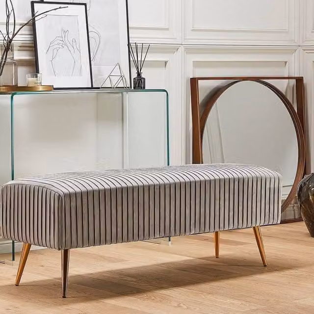 Wyld and Coco Grey Velvet Bench with Gold Metal Legs W/D/H: 118 x 40 x 42 cm