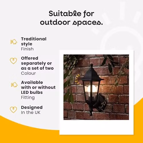 ValueLights Mayfair Pair of Traditional Black Outdoor Wall Lantern Lights, Set of 2, H 38.2 cm x W 21.2 cm x D 17.1 cm – 6
