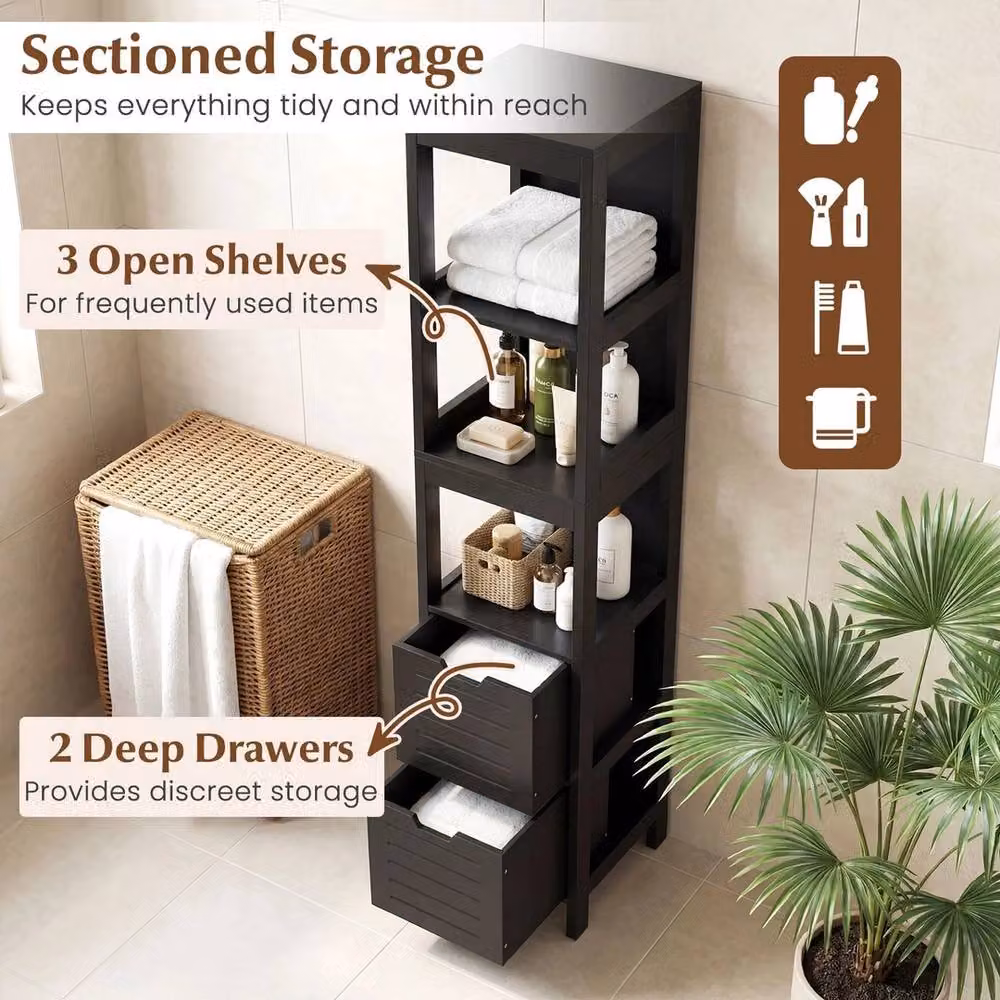 VOGREX Narrow Freestanding Black Wood Cabinet with 2 Drawers and 3 Open Shelves, H: 144.5 cm, W: 30 cm, D: 30 cm – 4
