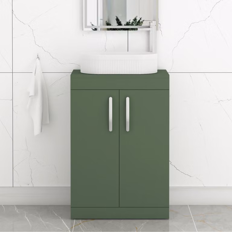 Royal Bathrooms Turin 500mm Floor Standing 2 Door Vanity Unit in Matt Green with Lyon Countertop Basin and Brushed Brass Handle