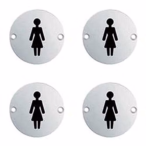 Loops 4 Pack Female Symbol Bathroom Door Sign, Polished Silver Stainless Steel, 76mm Diameter