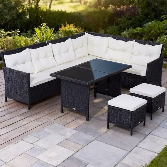 ERGOVEXA 8-Seater Rattan Garden Corner Dining Sofa Set in Black – 1