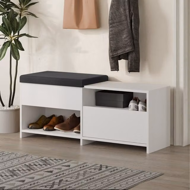 Filux Modern White Fabric Shoe Storage Bench for Hallways