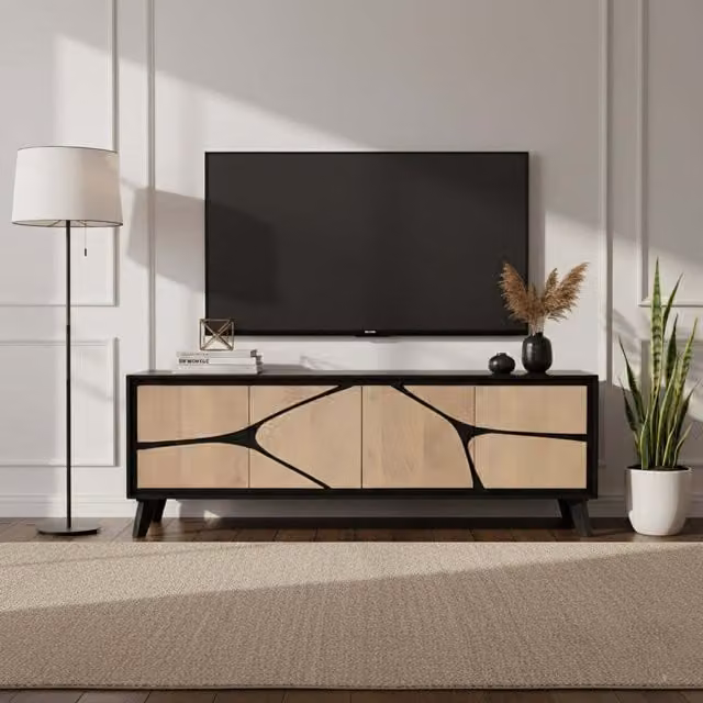 IH Design Modern Mango Wood Low Board Sideboard and TV Stand in Tan