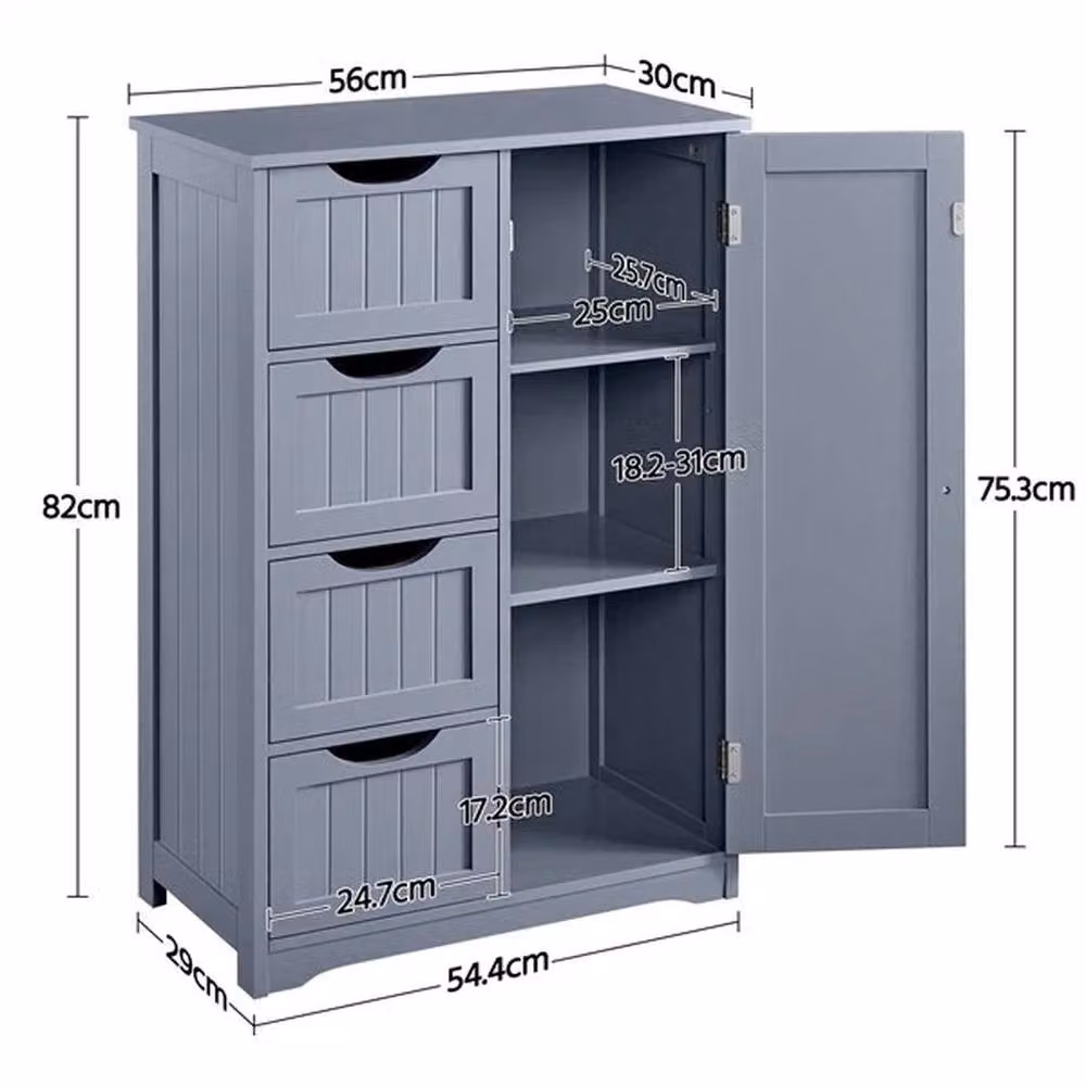 KORVIXA Grey Free Standing Bathroom Floor Cabinet with 4 Drawers and 1 Door, W: 60 cm, H: 75 cm – 2