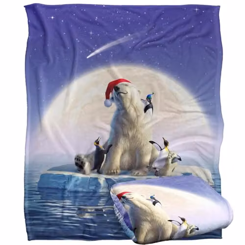 JQ Licensing JLo Christmas Polar Bear and Penguins Silky Touch Super Soft Throw Blanket, White, W: 152 cm, D: 127 cm