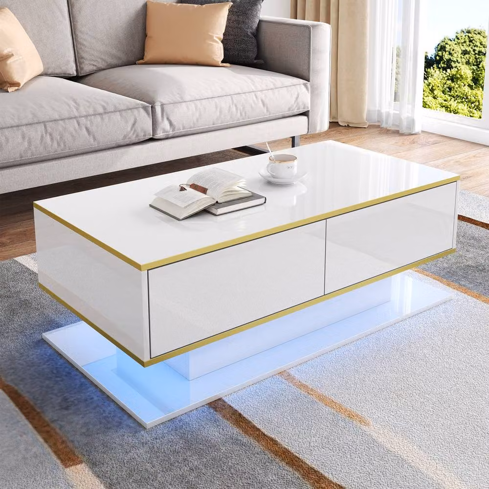 Matteo Modern High-Gloss White LED Coffee Table with Gold Accents, W/D/H: 100 x 50 x 40 cm – 3