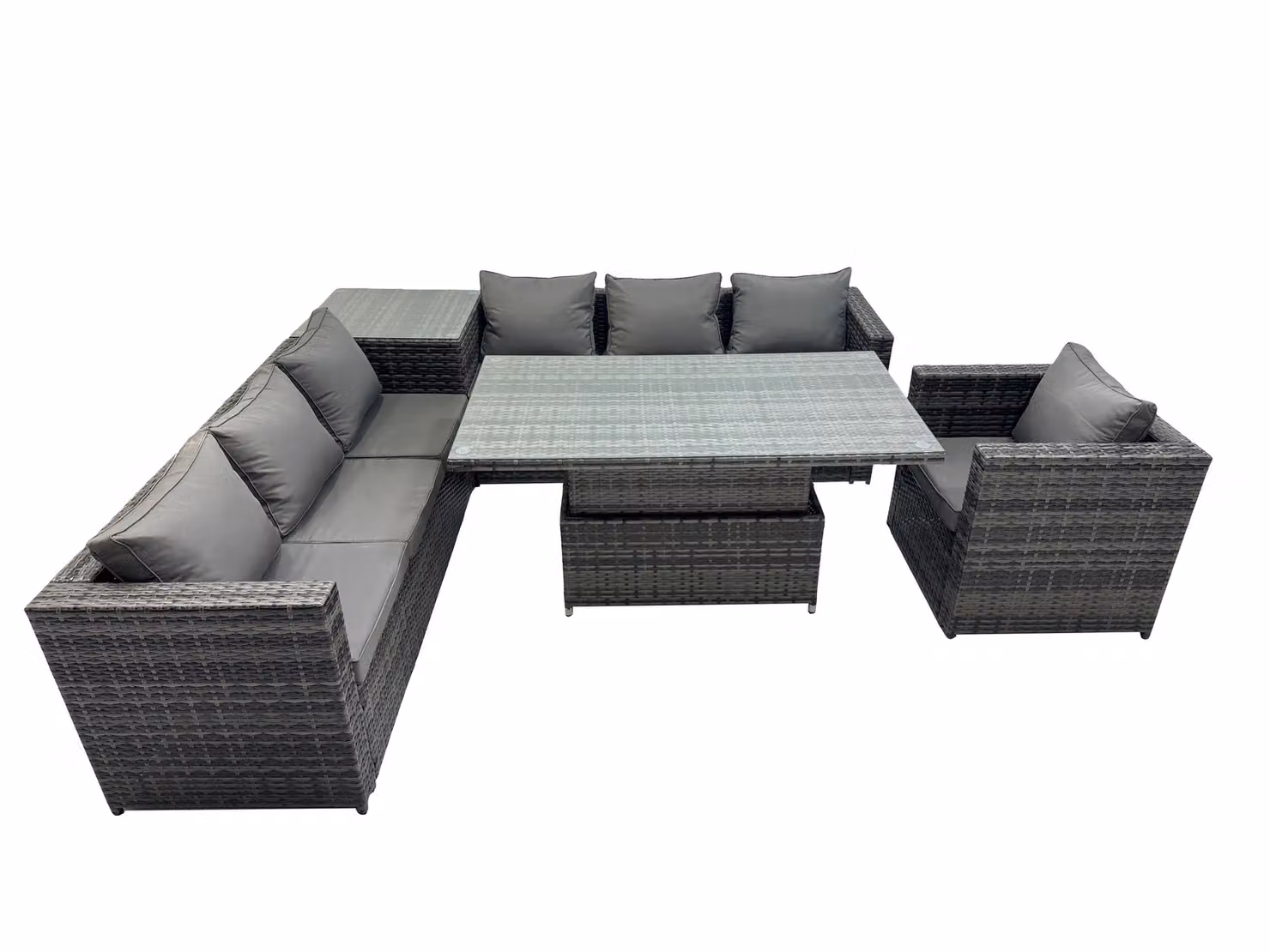Fimous 7 Seater Rattan Corner Sofa Set with Height Adjustable Dining Table in Dark Grey – 2