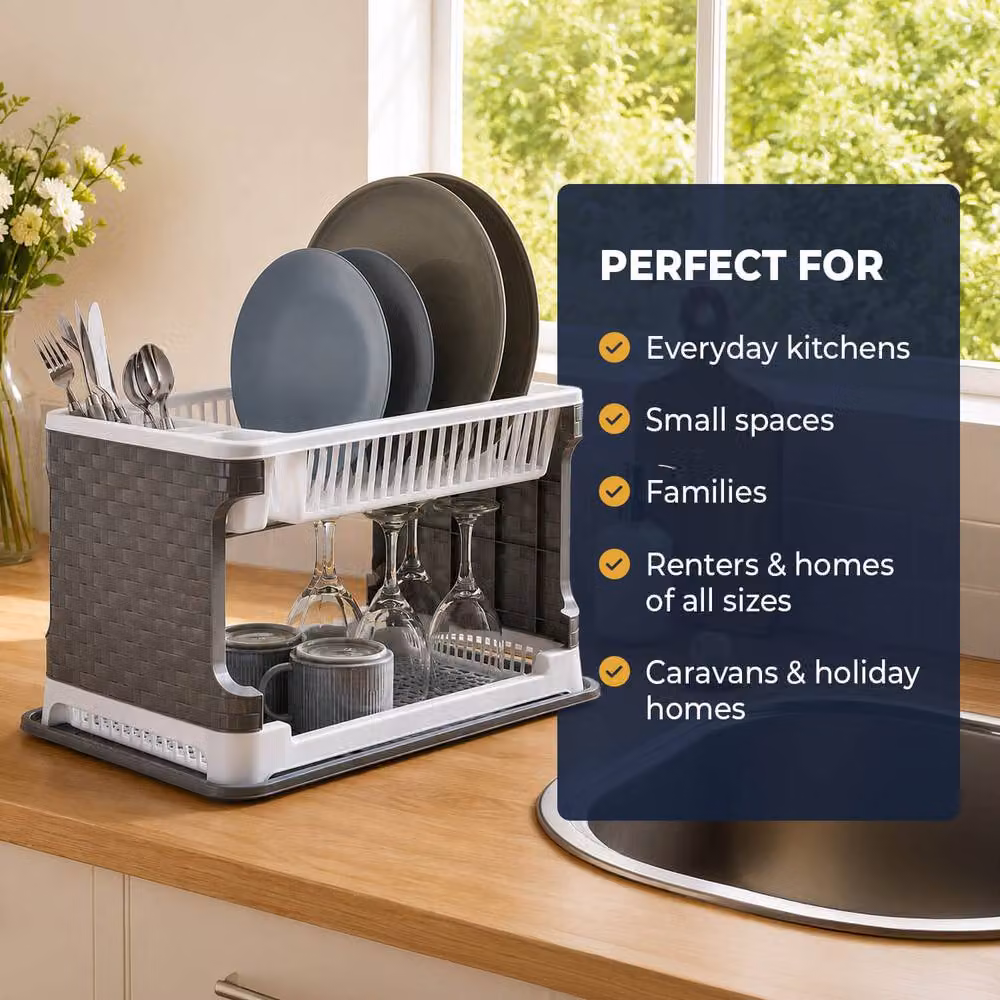 Clarsen 2-Tier Dish Drainer with Removable Drip Tray and Cutlery Holder in Grey and Multicolour – 5