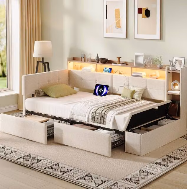 STILVORA Single Day Bed with Storage Drawers, USB Charging Port and LED Lighting in Beige, W/D/H: 90 x 190 x 91.44 cm