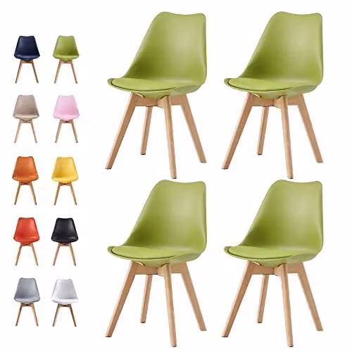 MCC Direct Set of 4 Eva Retro Dining Chairs with Wooden Legs and Padded Synthetic Leather Cushions, Green – 1