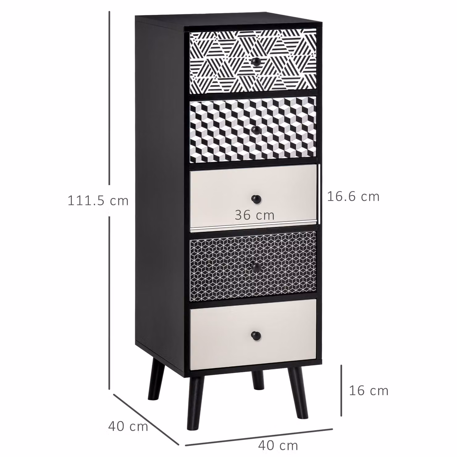 HOMCOM 5 Drawer Chest of Drawers, Black Geometric Wood Vertical Storage Unit for Bedroom, Living Room or Hallway – 3