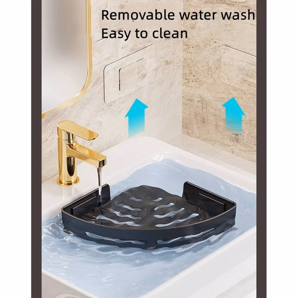 Ventryn Black Aluminium Corner Shower Shelf with Suction Cup Wall Mount and Drainage Hooks – 4