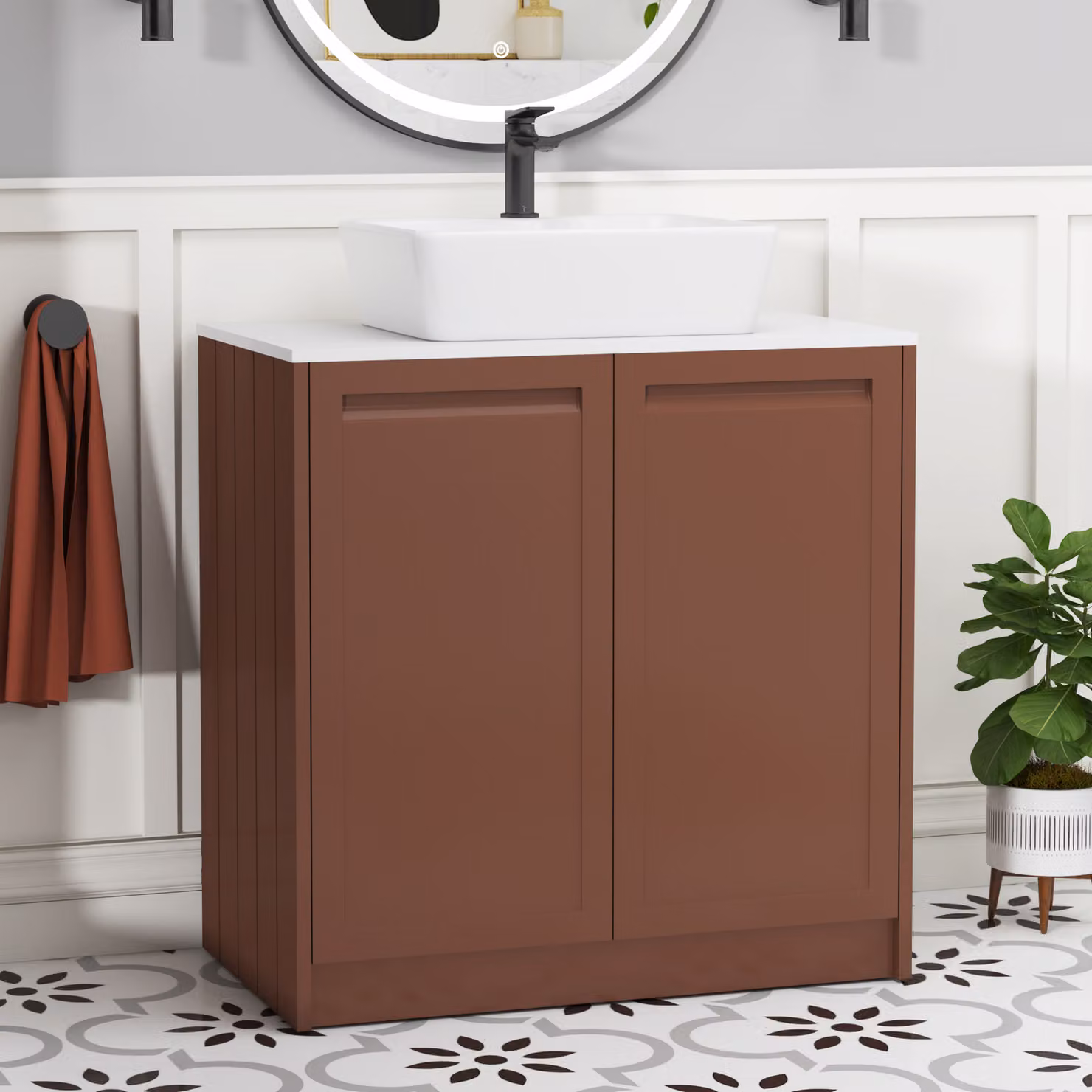 Royal Bathrooms Elmore 800mm Terracotta Clay Floor Standing 2 Door Vanity Unit with White Worktop and Cube Basin