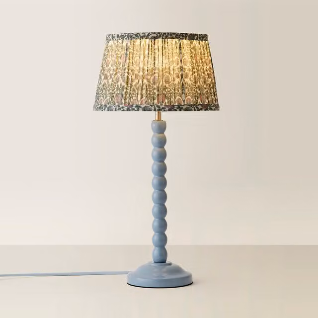 Bobbins Pastel Table Lamp with Pleated Fabric Shade in Powder Blue and Wood