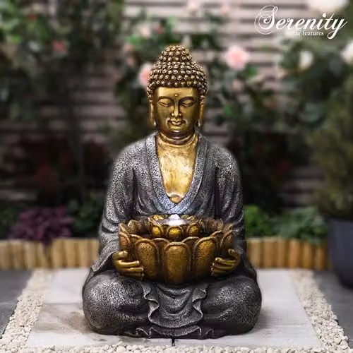 Serenity Water Features Gold Effect Sitting Buddha Water Feature with LED Illumination, Height: 87 cm – 3