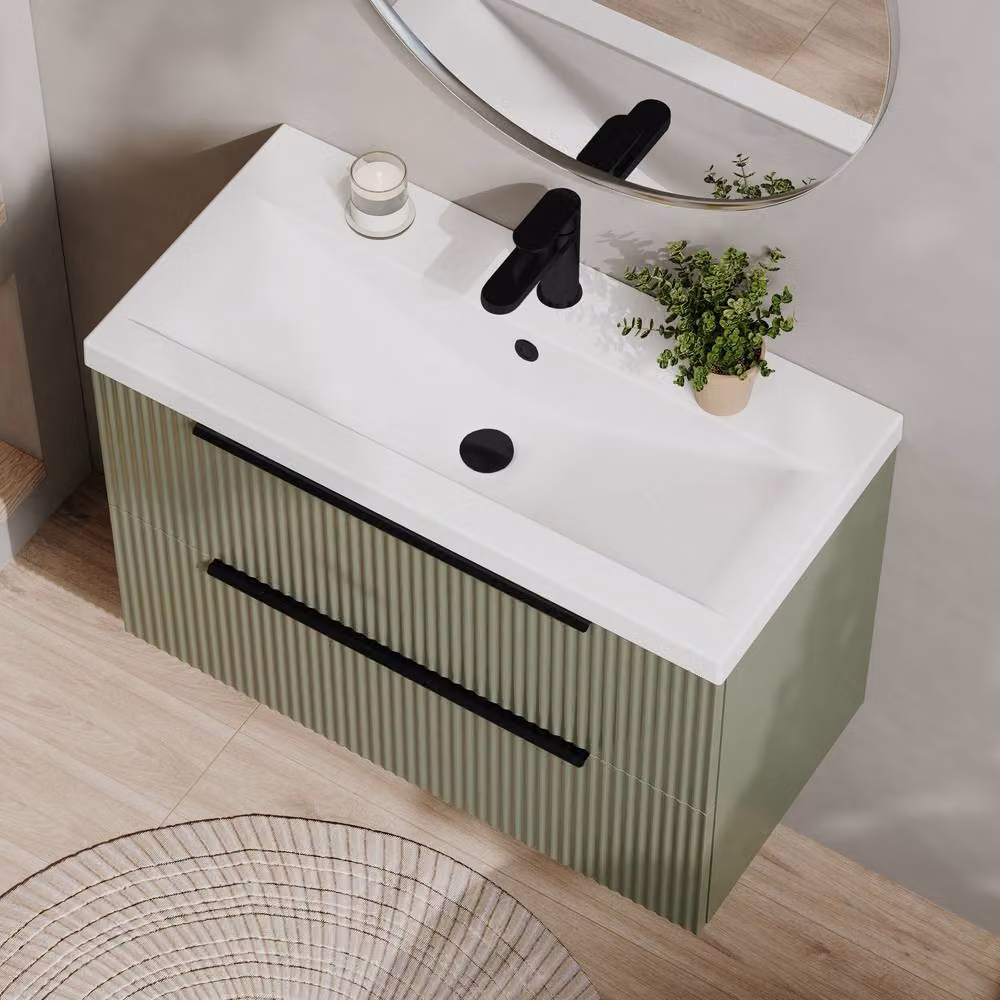 Balterley Fluted Front Wall Hung 2 Drawer Vanity Basin Unit, Satin Green, W: 80 cm – 2