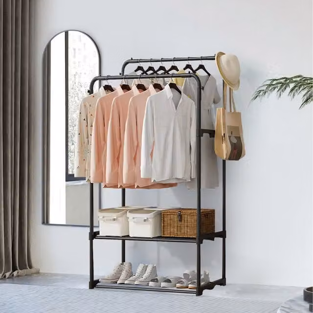 Lifeideas Modern Matt Black Metal Double Rod Clothes Rail with Shelves